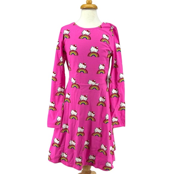 NWT ModCloth Hello Kitty Brought You A Rainbow Hot Pink AOP Long Sleeve Dress - Picture 2 of 12